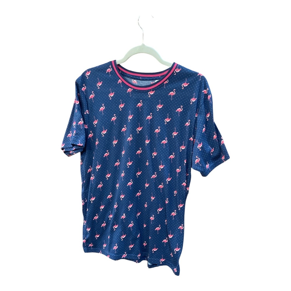 Fresh Prints of Bel-Air Mens Flamingo Polka crew Dot T-Shirt Navy Blue Pink L - Picture 2 of 5